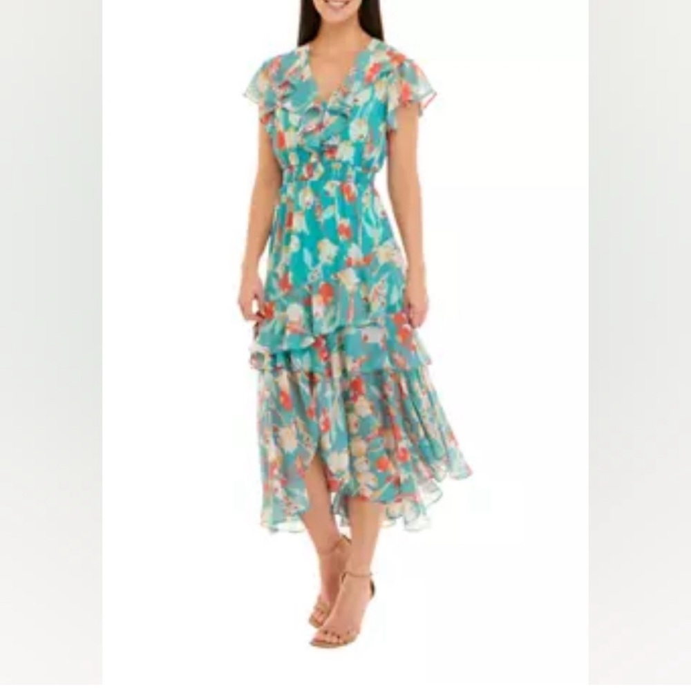 Taylor Teal Coral Floral Ruffle Midi Dress Size 12 Easter Dress Spring Church